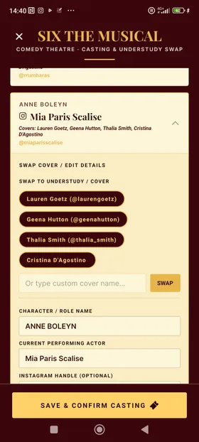 Cast and understudy swap screen